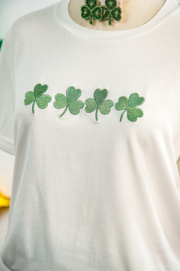 White Embroidered Clover St Patricks Fashion Graphic Tee