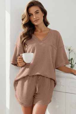 Chestnut Solid Color Waffled V Neck Loose Tee Drawstring Shorts Set