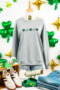 Gray Tiny Clover Embroidered Drop Shoulder Casual Sweatshirt