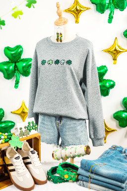 Gray Tiny Clover Embroidered Drop Shoulder Casual Sweatshirt