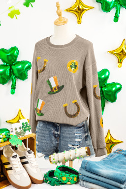 Khaki Sequin Horseshoe Mardi Gras Graphic Corded Ribbed Baggy Sweatshirt