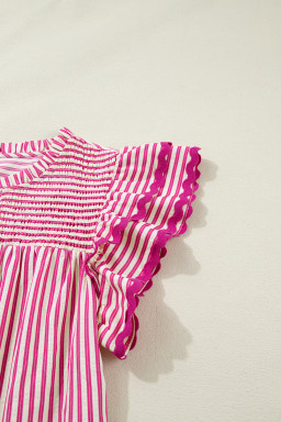Rose Stripe Shirred Yoke Ruffled Short Sleeve Blouse