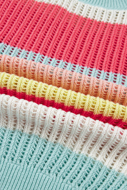 Green Stripe Color Block Hollow Out Knit Short Sleeve Sweater