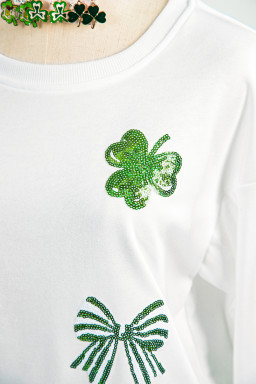 White Sequin Clover Bow Patched Long Sleeve Graphic Tee