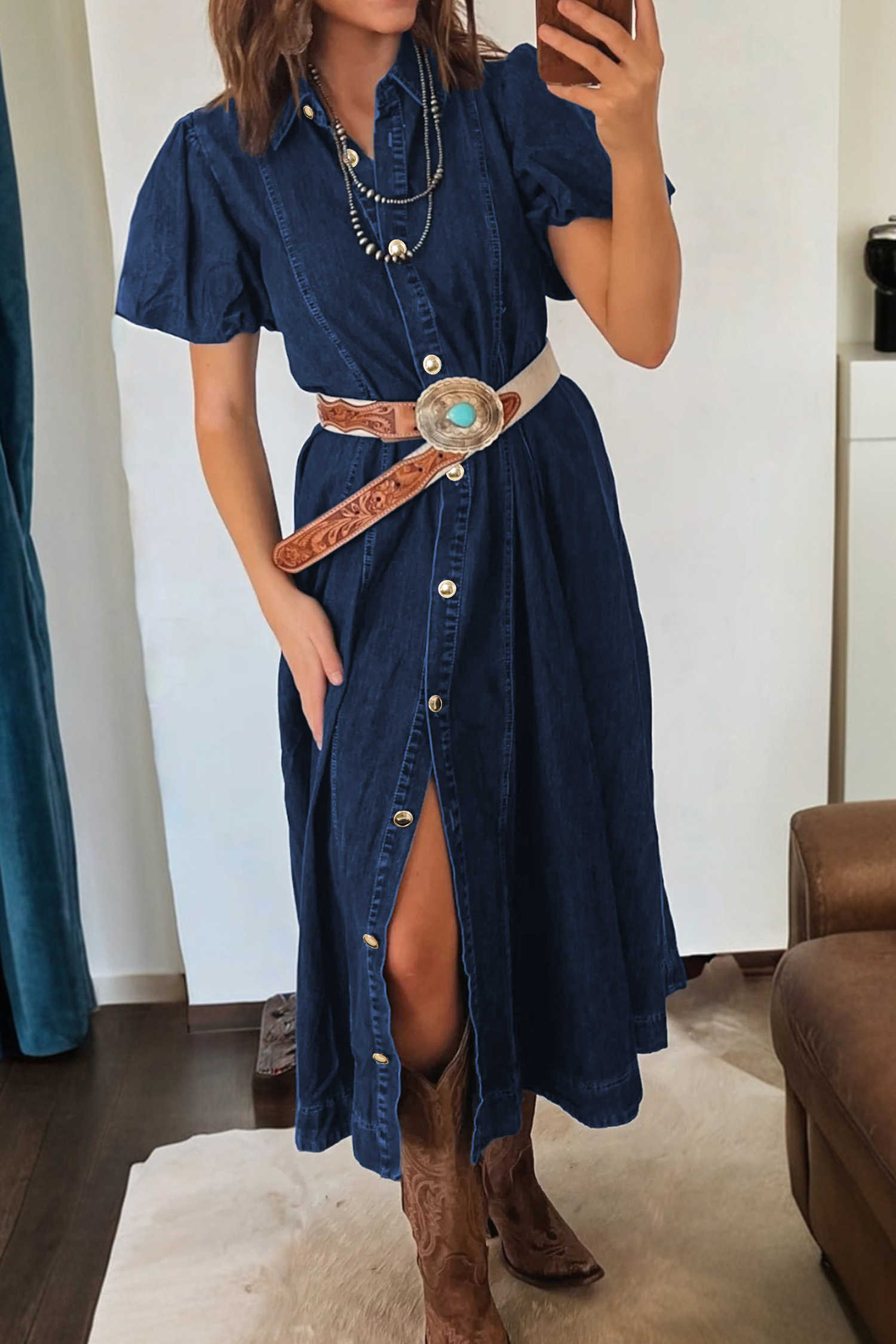 Sail Blue Full Buttons Collared Short Bubble Sleeve Long Denim Dress