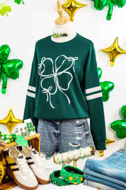 Evergreen Ribbon Bow Lucky Clover Varsity Striped Sleeve Casual Sweatshirt