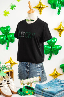 Black LUCKY Rhinestone Graphic Rolled Sleeve Tee