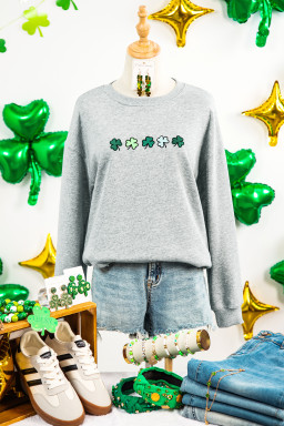 Gray Tiny Clover Embroidered Drop Shoulder Casual Sweatshirt