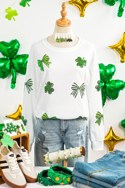 White Sequin Clover Bow Patched Long Sleeve Graphic Tee