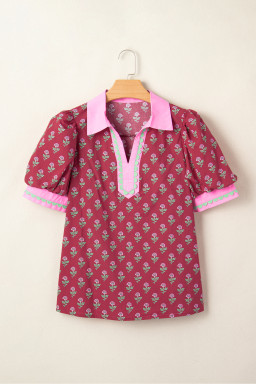 Red Contrast Collared V Neck Ricrac Trim Short Puff Sleeve Flower Blouse