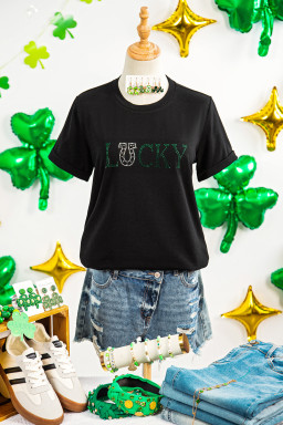 Black LUCKY Rhinestone Graphic Rolled Sleeve Tee
