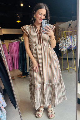 Brown Stripe Plus Size Slit V Neck Tiered Flutter Sleeve Maxi Dress