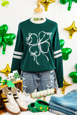 Evergreen Ribbon Bow Lucky Clover Varsity Striped Sleeve Casual Sweatshirt