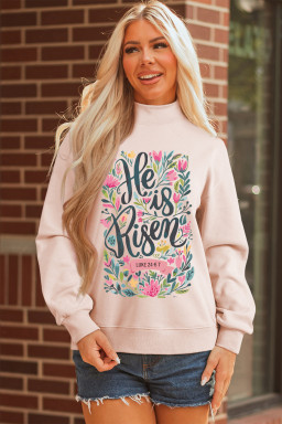 Apricot Pink He is Risen Floral Christian Easter Mock Neck Sweatshirt