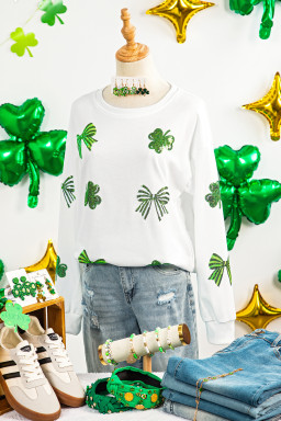 White Sequin Clover Bow Patched Long Sleeve Graphic Tee