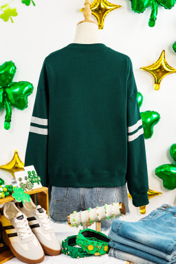 Evergreen Ribbon Bow Lucky Clover Varsity Striped Sleeve Casual Sweatshirt