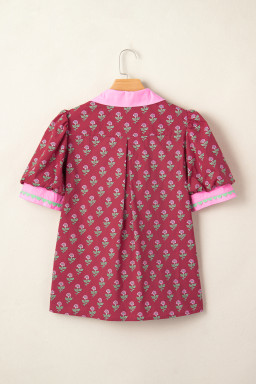 Red Contrast Collared V Neck Ricrac Trim Short Puff Sleeve Flower Blouse