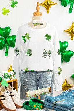White Sequin Clover Bow Patched Long Sleeve Graphic Tee