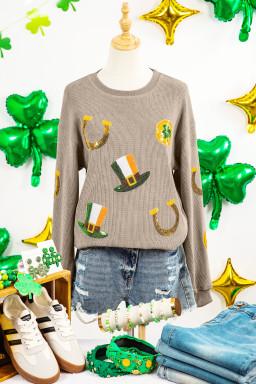 Khaki Sequin Horseshoe Mardi Gras Graphic Corded Ribbed Baggy Sweatshirt