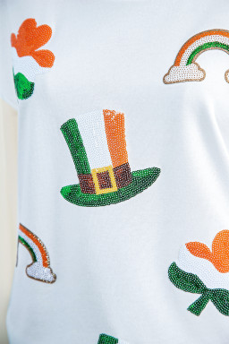 White Mardi Gras Festive Elements Sequin Graphic Long Sleeve Tee