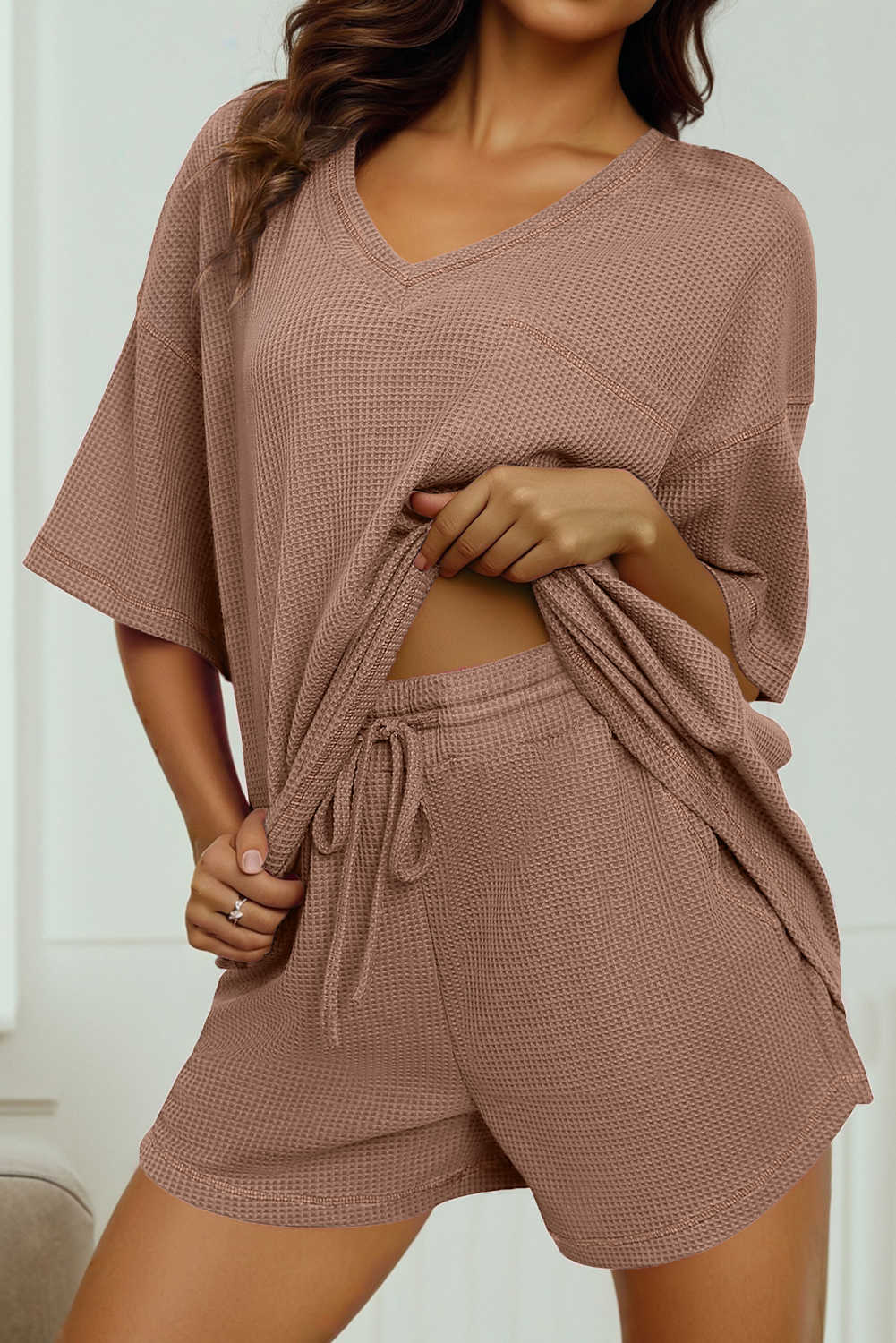 Chestnut Solid Color Waffled V Neck Loose Tee Drawstring Shorts Set
