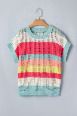 Green Stripe Color Block Hollow Out Knit Short Sleeve Sweater