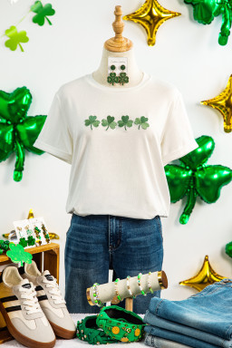 White Embroidered Clover St Patricks Fashion Graphic Tee