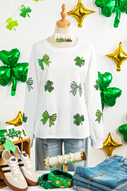 White Sequin Clover Bow Patched Long Sleeve Graphic Tee