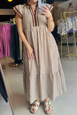 Brown Stripe Plus Size Slit V Neck Tiered Flutter Sleeve Maxi Dress