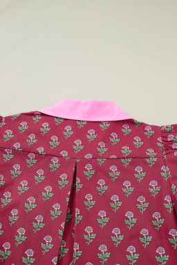 Red Contrast Collared V Neck Ricrac Trim Short Puff Sleeve Flower Blouse