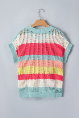 Green Stripe Color Block Hollow Out Knit Short Sleeve Sweater