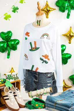 White Mardi Gras Festive Elements Sequin Graphic Long Sleeve Tee