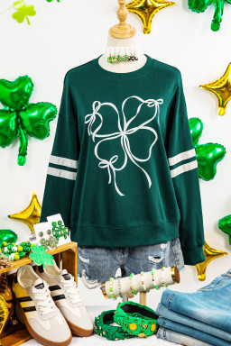 Evergreen Ribbon Bow Lucky Clover Varsity Striped Sleeve Casual Sweatshirt