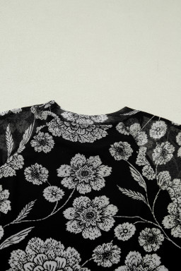 Black Thumbhole Long Sleeve Floral Print Mesh Top