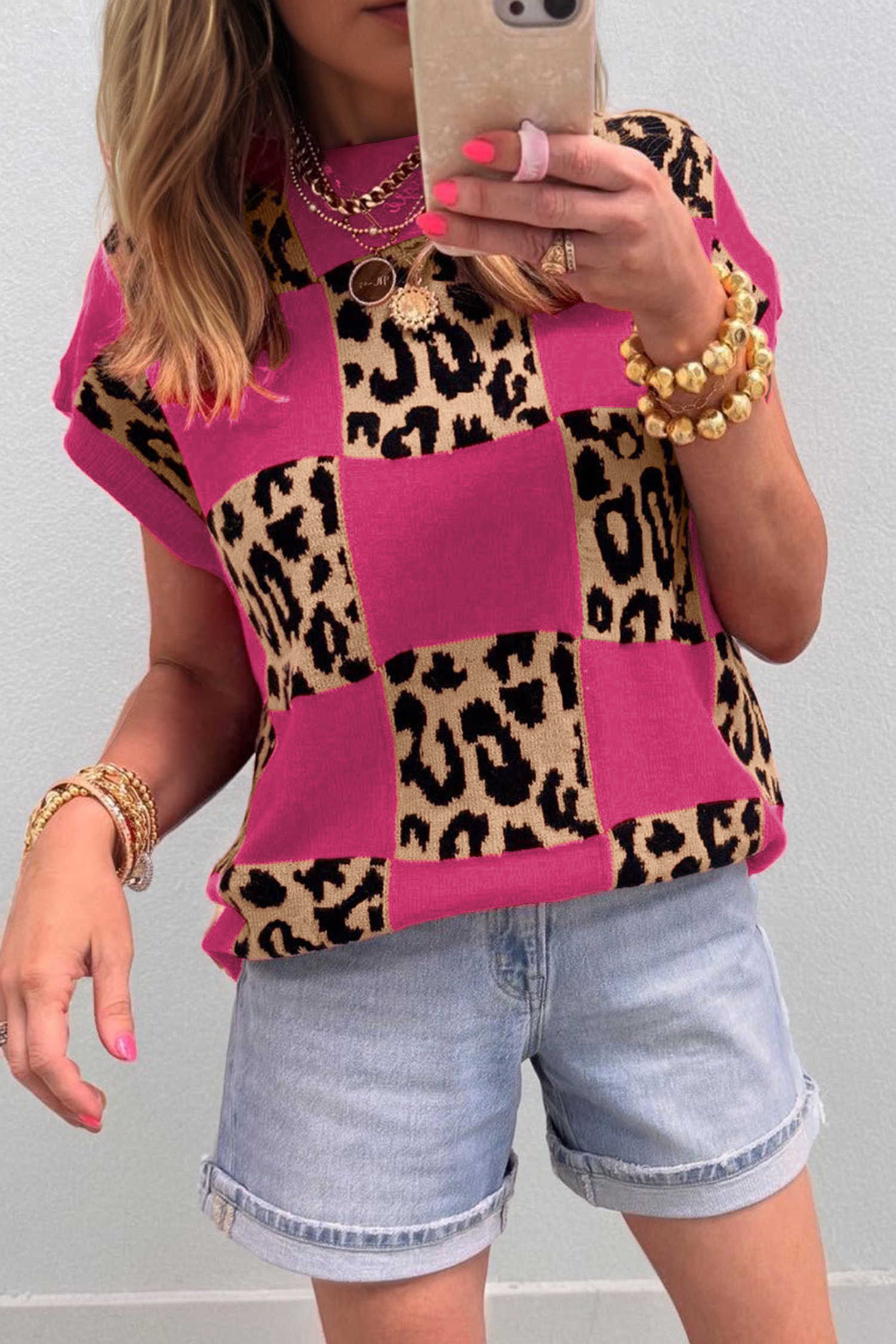 Rose Red Leopard Checkerboard Short Sleeve Knit Sweater