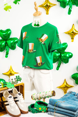 Bright Green Sequin St Patricks Day Hat Relaxed T Shirt