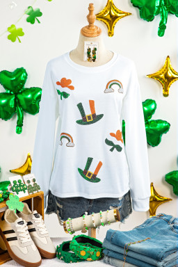 White Mardi Gras Festive Elements Sequin Graphic Long Sleeve Tee
