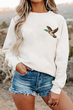 White Mallard Embroidered Detail Relaxed Pullover Sweatshirt