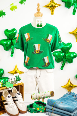 Bright Green Sequin St Patricks Day Hat Relaxed T Shirt