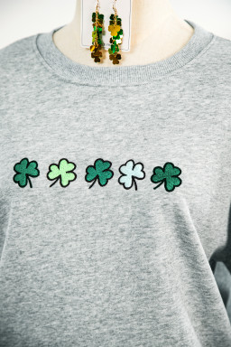 Gray Tiny Clover Embroidered Drop Shoulder Casual Sweatshirt