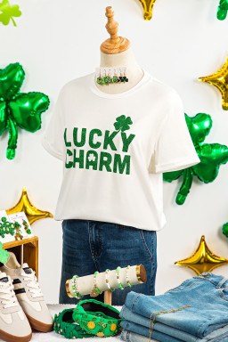 White LUCKY CHARM Shimmery Print St Patricks Day Clover T Shirt