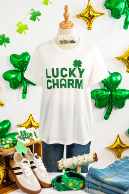 White LUCKY CHARM Shimmery Print St Patricks Day Clover T Shirt