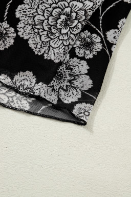 Black Thumbhole Long Sleeve Floral Print Mesh Top
