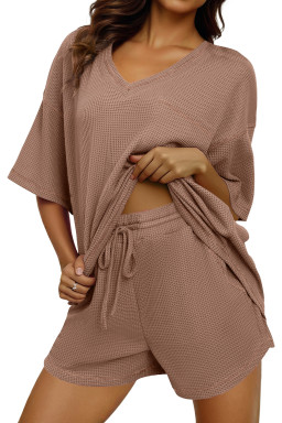 Chestnut Solid Color Waffled V Neck Loose Tee Drawstring Shorts Set