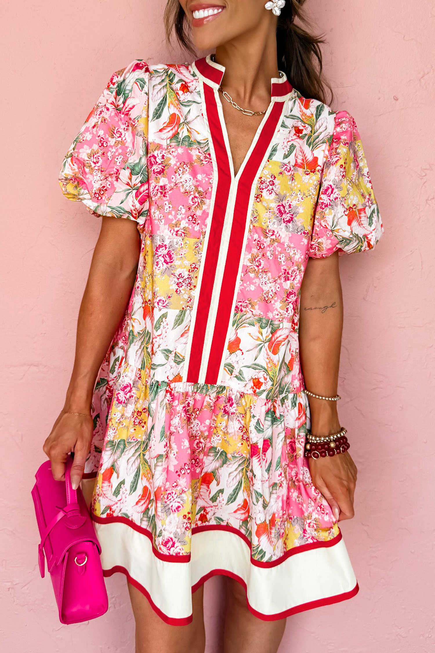 Pink Color Block Floral Print Contrast Trim V Neck Ruffle Hem Mini Dress