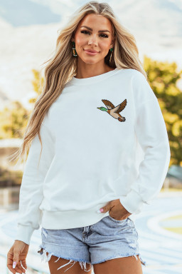 White Mallard Embroidered Detail Relaxed Pullover Sweatshirt