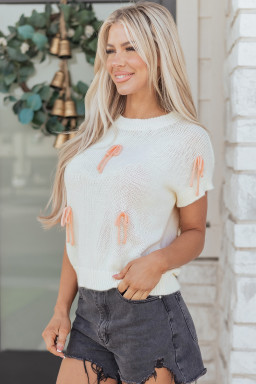 White Short Sleeve Knit Contrast Bow Knot Loose Sweater