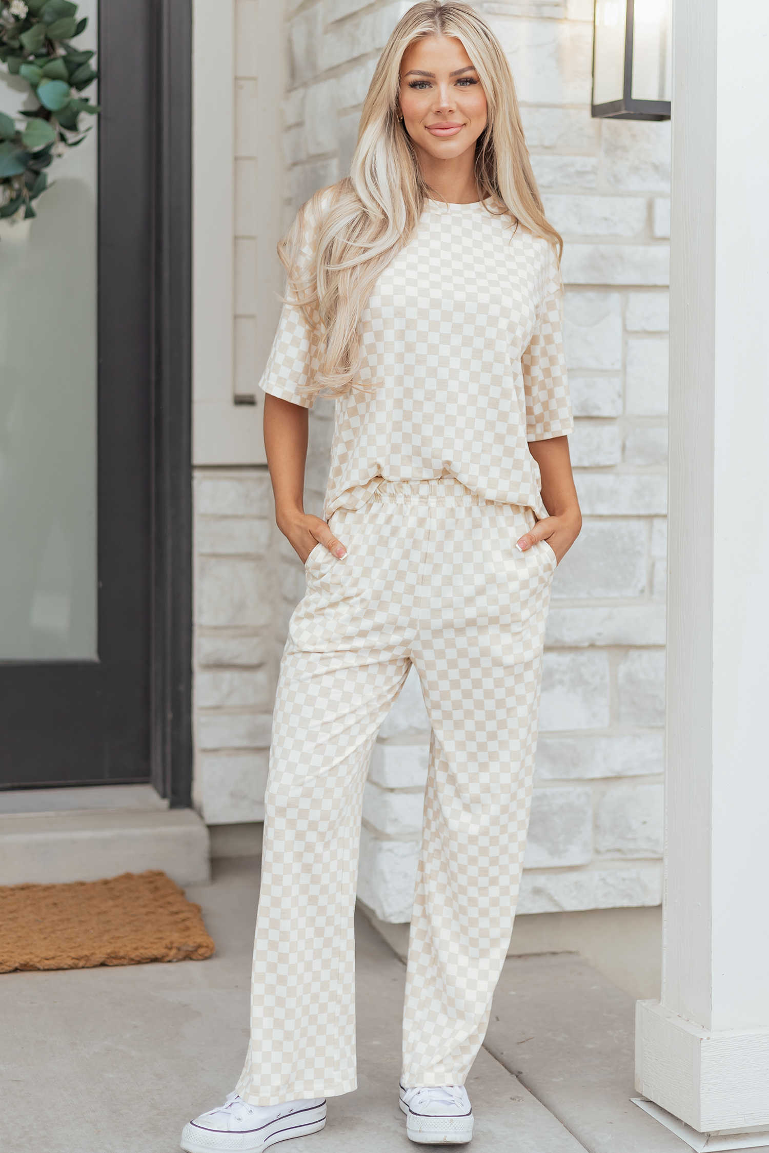 Khaki Checkered Print Half Sleeve Tee 2pcs Lounge Pant Set