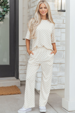 Khaki Checkered Print Half Sleeve Tee 2pcs Lounge Pant Set