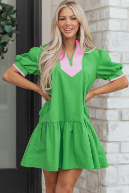 Bright Green Color Block Detail Split Neck Short Puff Sleeve Ruffle Hem Mini Dress